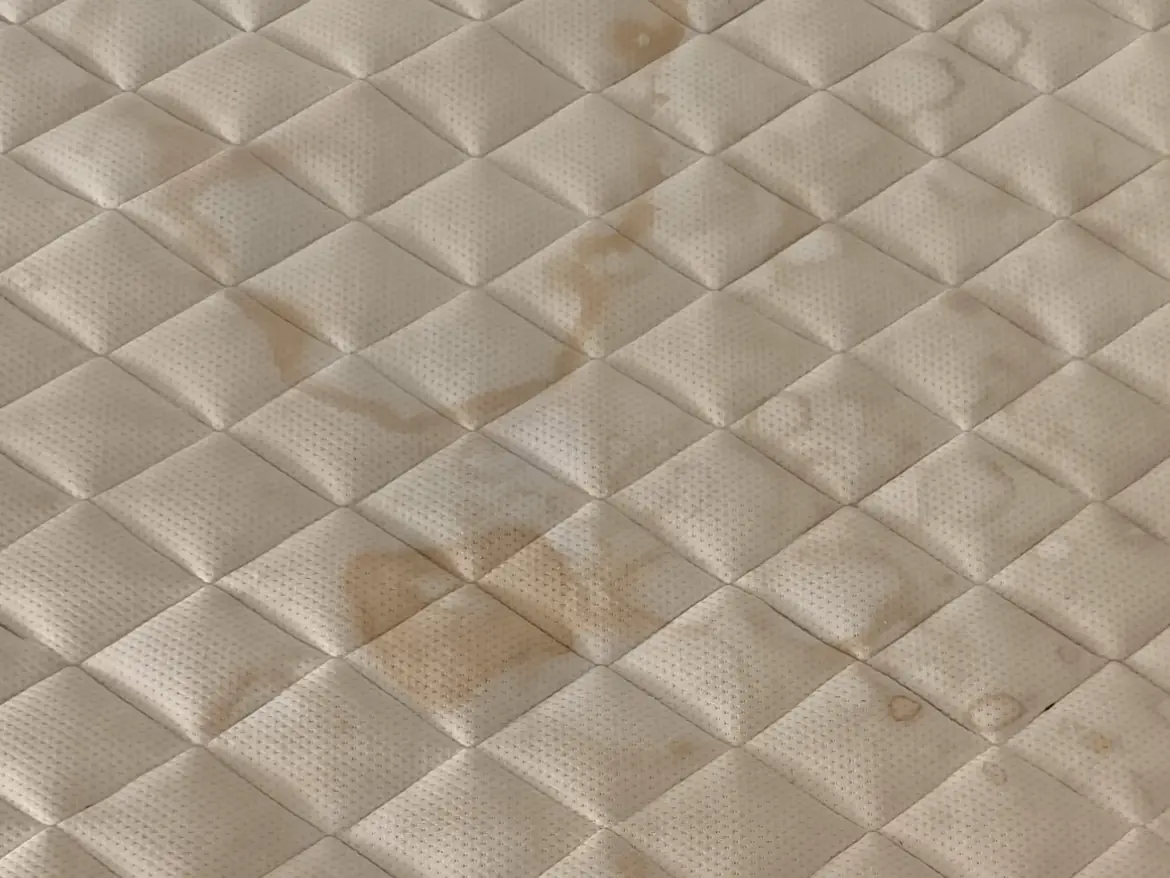 Gros plan sur des coulures et auréoles brunes sur un matelas avant nettoyage
